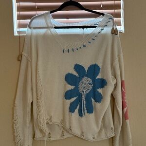 POL Cream Sweater with Blue and Pink Floral Design